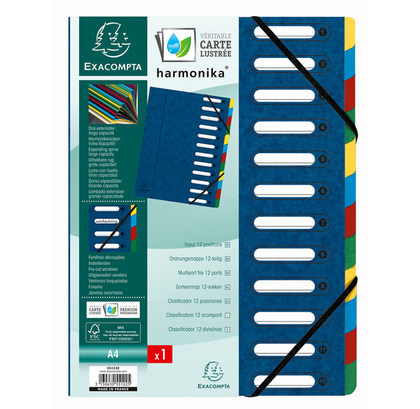 Trieur Harmonika à Fenêtres avec Élastiques 12 Compartiments Bleu EXACOMPTA