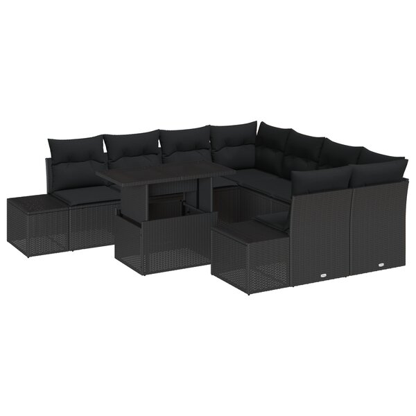 vidaXL Ensemble de canapé de jardin 9 pièces avec des coussins en poly rattan noir