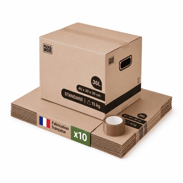 Pack and Move - Lot 10 cartons déménagement stockage livres - 40 x 30 x 30 cm - Poignées renforcées - 1 adhésif offert
