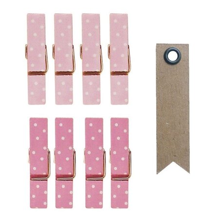 8 mini pinces à linge aimantées rose 3 5 cm + 20 étiquettes kraft Fanion