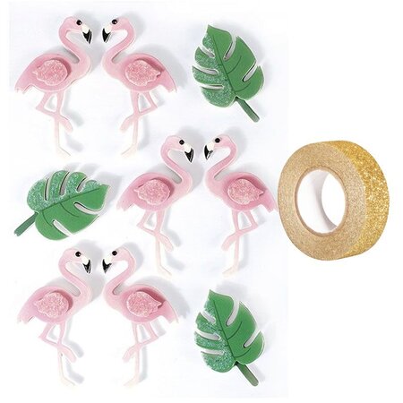 9 stickers 3D Flamants rose 5 5 cm + masking tape doré à paillettes 5 m