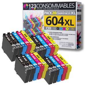 123CONSOMMABLES - 604XL - Pack 20 Cartouches Encre Compatible avec Epson 604 XL pour Epson XP 2200 XP-3200 XP-4200  Workforce WF-2910 WF-2930 WF-2935 WF-2950 (8 Noir / 4 Cyan / 4 Magenta / 4 Jaune)
