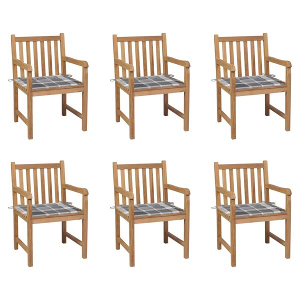 vidaXL Chaises de jardin 6 Pièces et coussins carreaux gris Bois de teck
