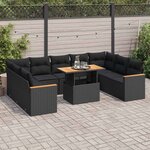 vidaXL Salon de jardin 10 Pièces avec coussins noir résine tressée acacia
