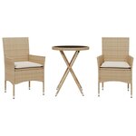 vidaXL Ensemble de bistro avec coussins 3 Pièces beige rotin et verre