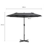 Parasol droit 2 tetes 3 x 1,8 m - Mât et baleines en acier - polyester 180gr - Gris