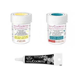 2 colorants alimentaires bleu foncé-jaune pastel + Stylo glaçage noir