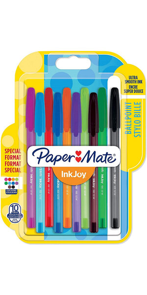 Paper Mate Inkjoy 100ST - 10 Stylos bille avec capuchon - Assortiment de couleurs - Pointe moyenne 1.0mm - sous blister