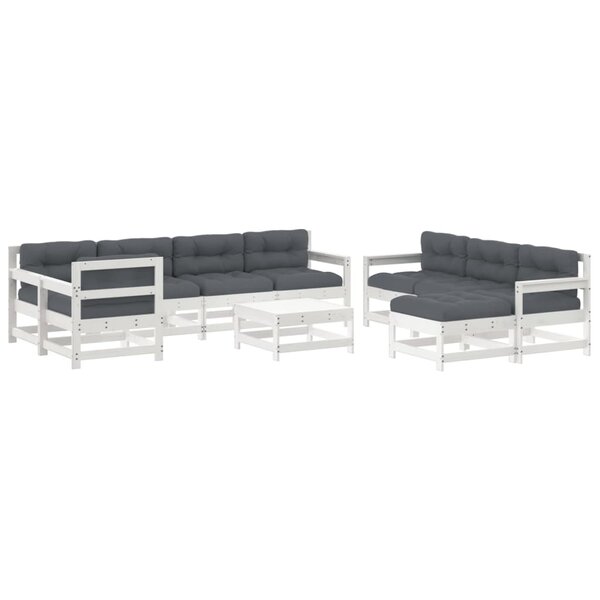 vidaXL Salon de jardin 10 Pièces avec coussins blanc bois massif