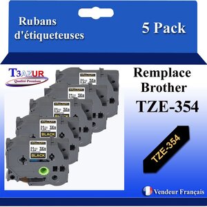 5x  Rubans d'étiqueteuses compatibles avec Brother Tze354  Tze-354 pour étiqueteuses P-touch - Texte doré sur fond noir - Largeur 24 mm x 8 mètres - T3AZUR