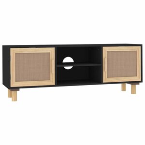 vidaXL Meuble TV Noir 105x30x40cm Bois de pin massif et rotin naturel