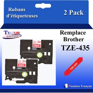 2x Rubans d'étiqueteuses compatibles avec Brother Tze435  Tze-435 pour étiqueteuses P-touch - Texte blanc sur fond rouge - Largeur 12 mm x 8 mètres - T3AZUR