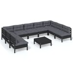 vidaXL Salon de jardin 10 Pièces avec coussins Noir Bois de pin massif