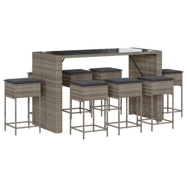 vidaXL Ensemble de bar de jardin 9 Pièces avec coussins gris poly rotin