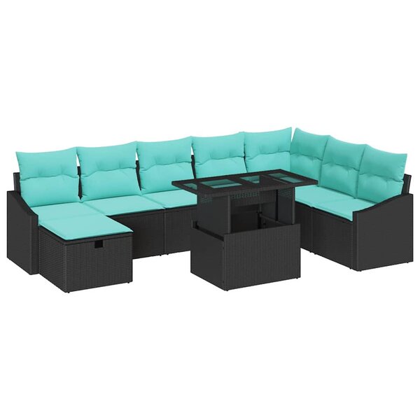 vidaXL Ensemble de canapé de jardin avec coussin 9 Pièces Noir Poly rotin