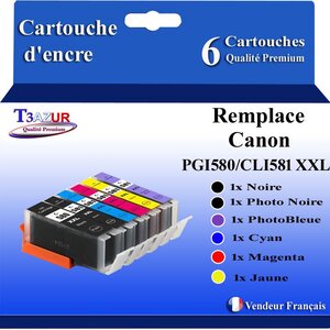 T3AZUR - 6x Cartouches compatibles avec Canon PGI-580 CLI-581 XXL pour Canon Pixma TS8241 TS8242 TS8250 TS8251 TS8252 TS8300