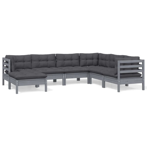 vidaXL Salon de jardin 7 Pièces avec coussins Gris Bois de pin solide