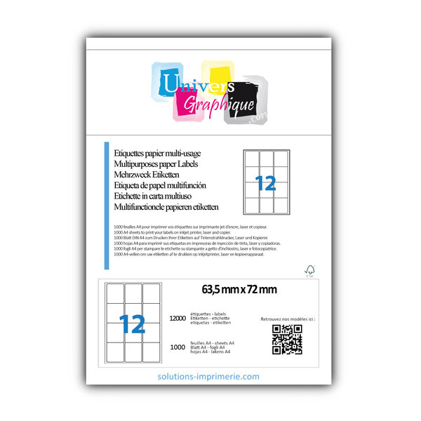 Lot de 1000 planches a4 de 12 étiquettes à bords ronds 63 5 x 72 mm en papier blanc 70g/m² multifonction