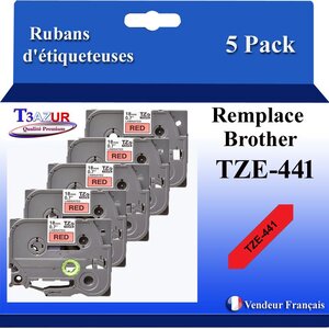 5x  Rubans d'étiqueteuses compatibles avec Brother Tze441  Tze-441 pour étiqueteuses P-touch - Texte noir sur fond rouge - T3AZUR