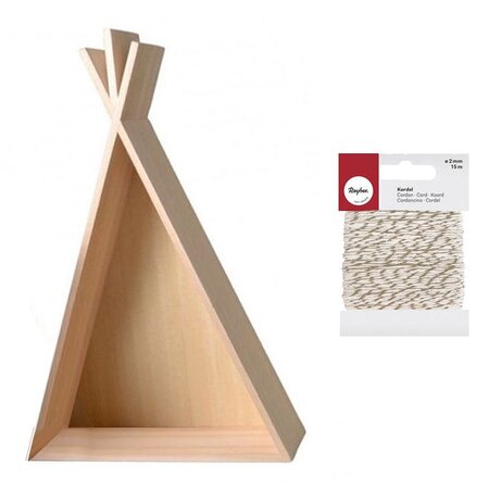 Grande étagère tipi en bois 45 cm + Ficelle dorée & blanche