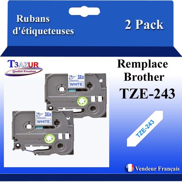 2x Rubans d'étiqueteuses compatibles avec Brother Tze243  Tze-243 pour étiqueteuses P-touch - Texte bleu sur fond blanc - Largeur 18 mm x 8 mètres - T3AZUR