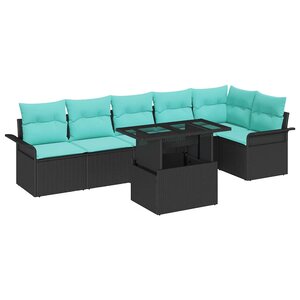 vidaXL Ensemble de canapé de jardin avec coussin 7 Pièces Noir Poly rotin