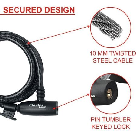 MASTER LOCK Cable Antivol Vélo [1,8 m Câble] [Clé] [Extérieur