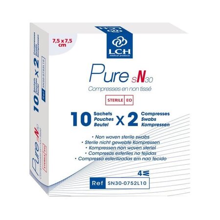 Lot de 80 boites de 20 Compresses PURE Non tissé stérile 30g 7,5x7,5 cm - Boite de 10 sachets de 2 compresses