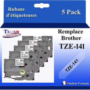 5x Rubans d'étiqueteuses compatibles avec Brother Tze141  Tze-141 pour étiqueteuses P-touch - Texte noir sur fond transparent - Largeur 18 mm x 8 mètres