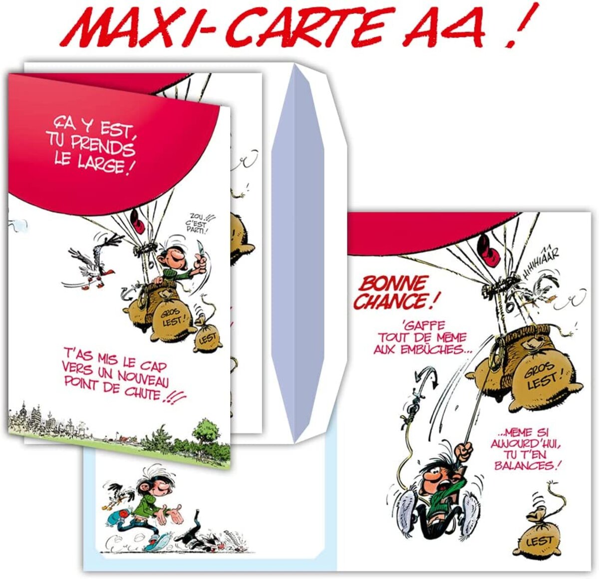 Afie GLMX-2038 Gaston Lagaffe MAXI - Biglietto di auguri per compleanno 1 anno di più umoristico regalo per bambine H/F, formato chiuso 31,5 x 15 cm, con busta illustrata in Francia