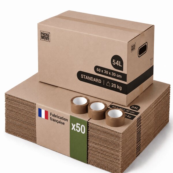 Pack and Move - Lot 50 cartons déménagement stockage standard - 60 x 30 x 30 cm - Poignées renforcées - 3 adhésifs offerts