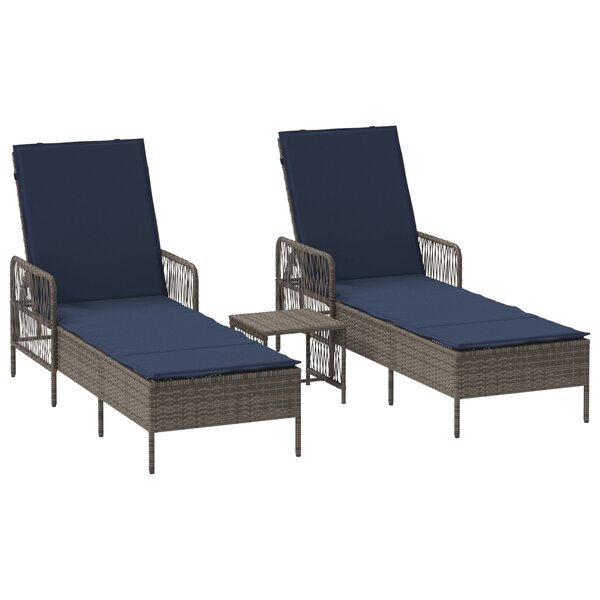 vidaXL Chaise longue Ensemble de 3 Gris et bleu marine Rotin PE  métal