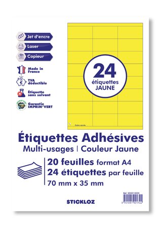 20 planches a4 - 24 étiquettes 70 mm x 35 mm autocollantes jaune par planche pour tous types imprimantes - jet d'encre/laser/photocopieuse