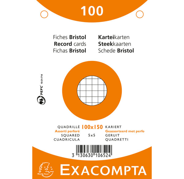 Paquet de 100 Fiches bristol 5x5 perf.100x150 s/film ass EXACOMPTA