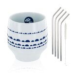 Tasse Nara porcelaine avec motifs bleus + 4 pailles en inox