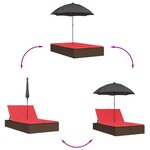 vidaXL Chaise longue double avec coussins et parasol marron poly rotin