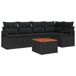 vidaXL Canapé de jardin 6 pièces avec coussins  en poly rotin noir et bois d'acacia