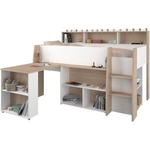 Lit combiné enfant avec bureau rétractable - blanc et chêne - 90x 200 cm - Sommier inclus -THEO
