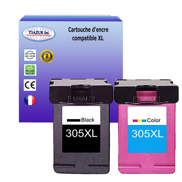 T3azur - 1+1 cartouches d'encre compatibles remplace hp 305 305xl noire+ couleur pour hp deskjet plus 4155 4155e 4158 4210