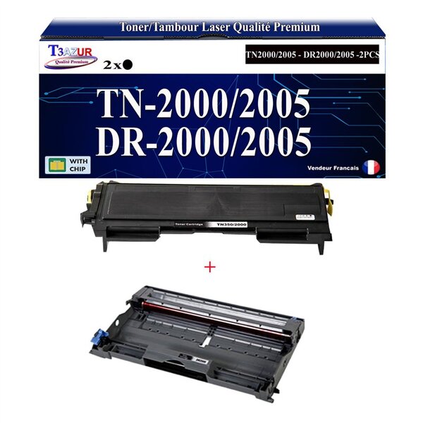 Kit Tambour+Toner compatible avec Brother TN2000  TN2005  DR2000  DR2005 pour Brother HL2020 HL2030  HL2032  HL2035  HL2037  HL2040  HL2040N  HL2050  HL2070N - 2 500 pages - T3AZUR