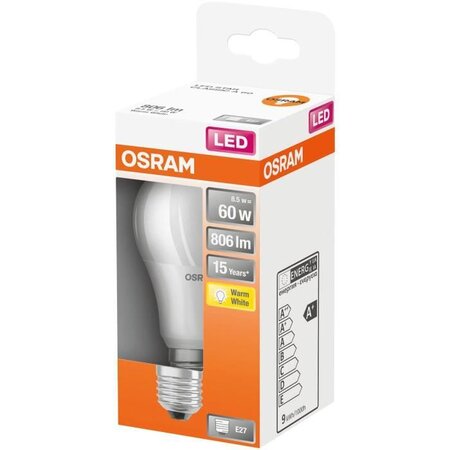 Osram ampoule led standard dépolie avec radiateur 8 5w=60 e27 chaud