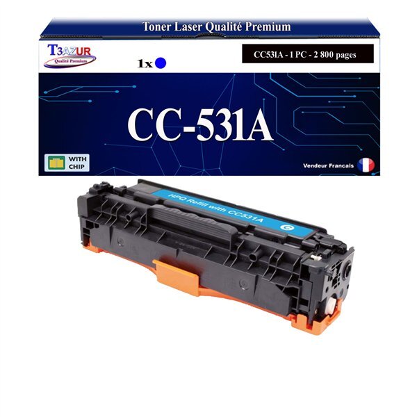 T3AZUR - Toner compatible avec CC532A pour HP Color LaserJet CP2026 CP2026DN CP2026N CP2027 CP2027DN CP2027N - Cyan