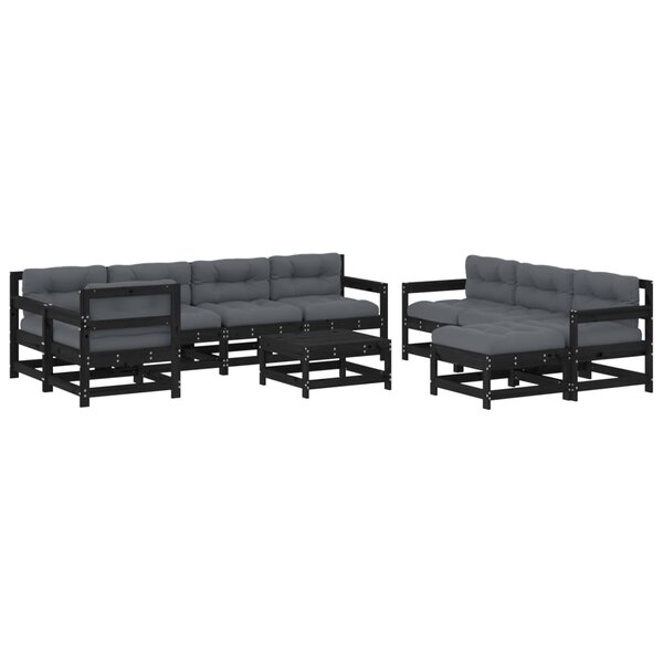 vidaXL Salon de jardin 10 Pièces avec coussins noir bois massif