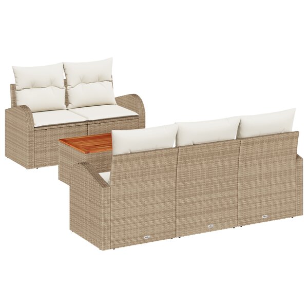 Ensemble de Canapé de Jardin 6 Pièces avec Coussins Beige Poly Rattan Acacia