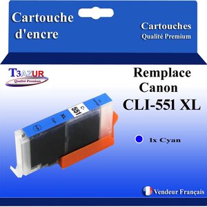 T3AZUR - Cartouche compatible avec Canon CLI551XL CLI-551 XL pour Canon Pixma MG6300 MG6350 MG6400 MG6450 MG6600 MG6650 MG7100  - Cyan