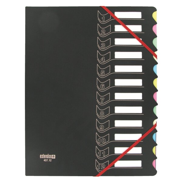 Trieur à élastiques carton / plastique extendos 12 compartiments a4 - noir