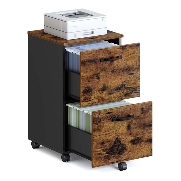 Caisson 2 tiroirs placard bureau sur roulettes 40 x 42 x 70 cm pour documents A4 dossiers suspendus style industriel marron 12_0004788