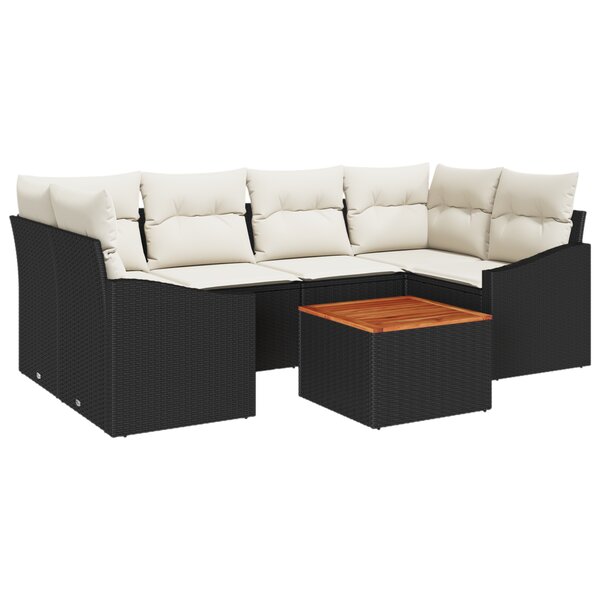 vidaXL Ensemble de canapé de jardin 7 pièces avec coussins noirs en poly rotin et acacia
