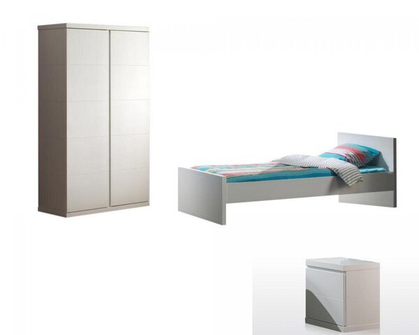 LARA Lit simple laqué blanc + Chevet table de nuit + Armoire 2 portes
