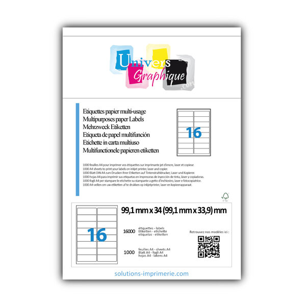 Lot de 1000 planches a4 de 16 étiquettes à bords ronds 99 1 x 33 9 mm en papier blanc 70g/m² multifonction